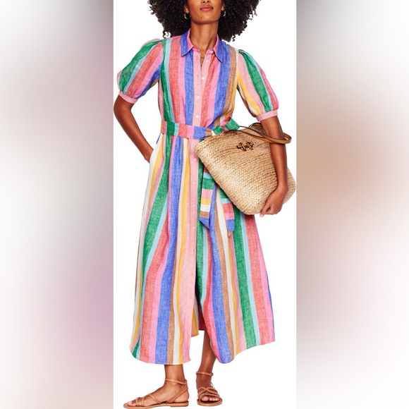Boden Dresses Alexa Linen Maxi Shirt Dress Bright Rainbow Size 14 NWOT Women Boden Dresses Alexa Linen Maxi Shirt Dress Bright Rainbow Size 14 NWOT Women